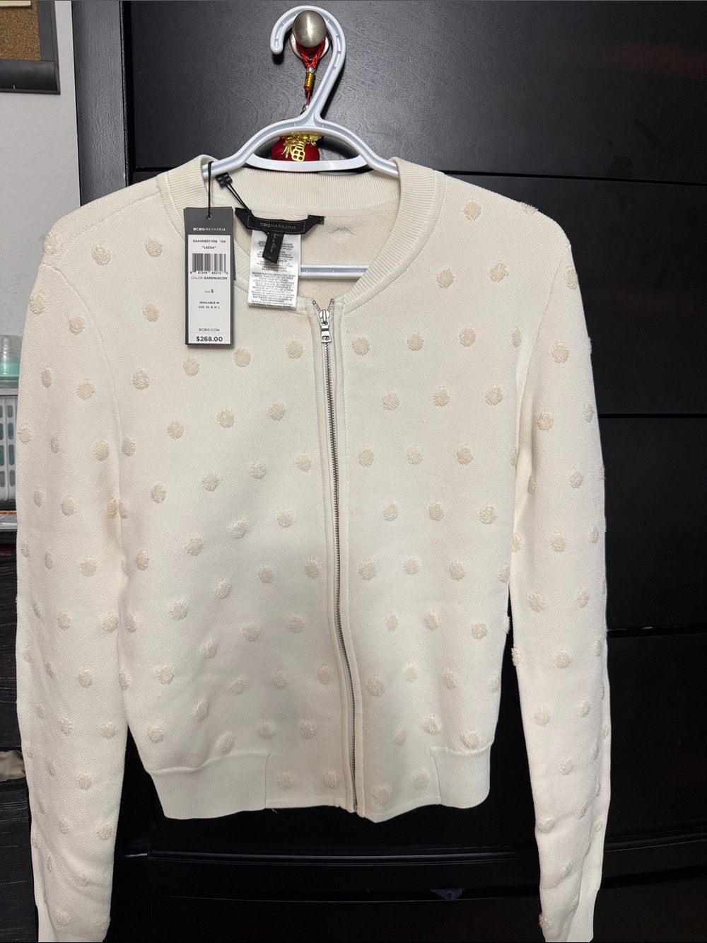 BCBG MAXAZRIA Elie Tahari Cream Polka Dot Zip-Front Bomber Jacket